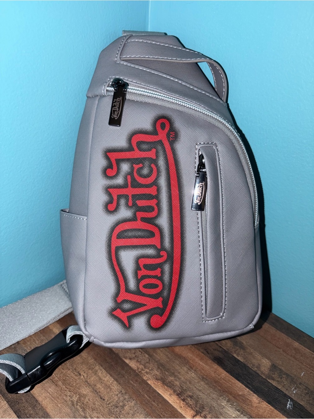Von Dutch Gray Sling Bag with Red Logo Accent NWOT